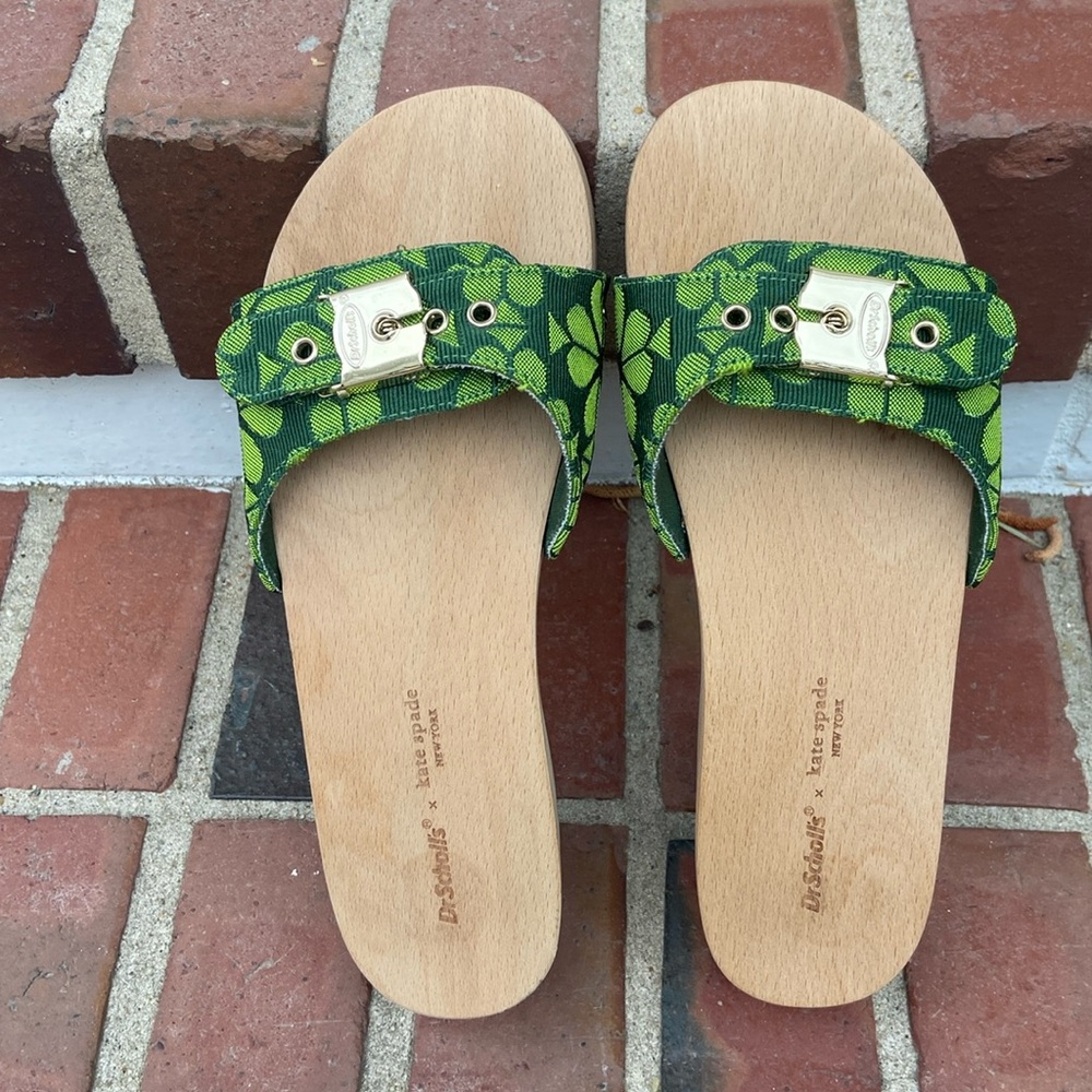 kate spade Green Floral Fabric Slide Sandals with Gold Accent